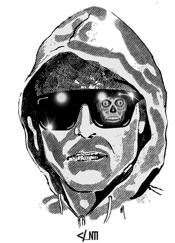 a composite sketch of Ted Kaczynski in the style of the cult classic film They Live